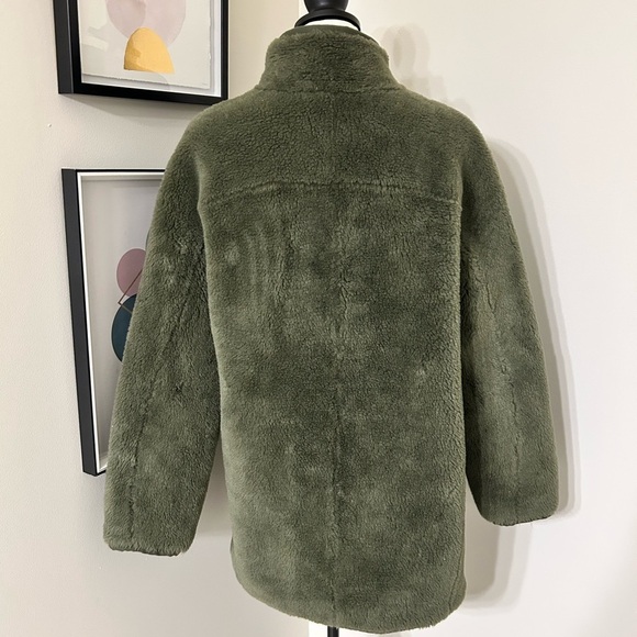 J Crew Hunter Green Teddy Bear Plush Sherpa Zip Up Fur Jacket SZ S - Picture 2 of 7